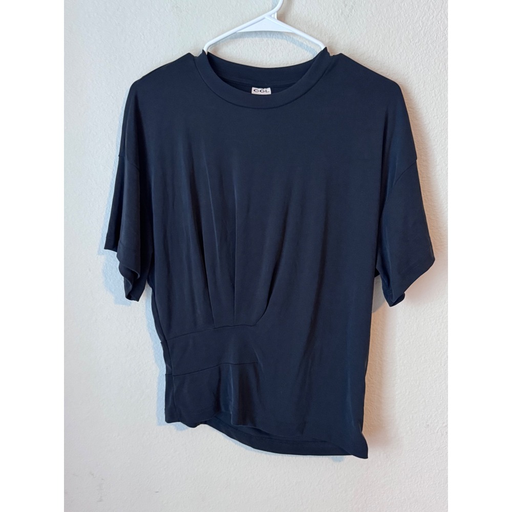 OGL Move Black Short Sleeve Asymmetrical Pleated Waist Crew Neck Top Large